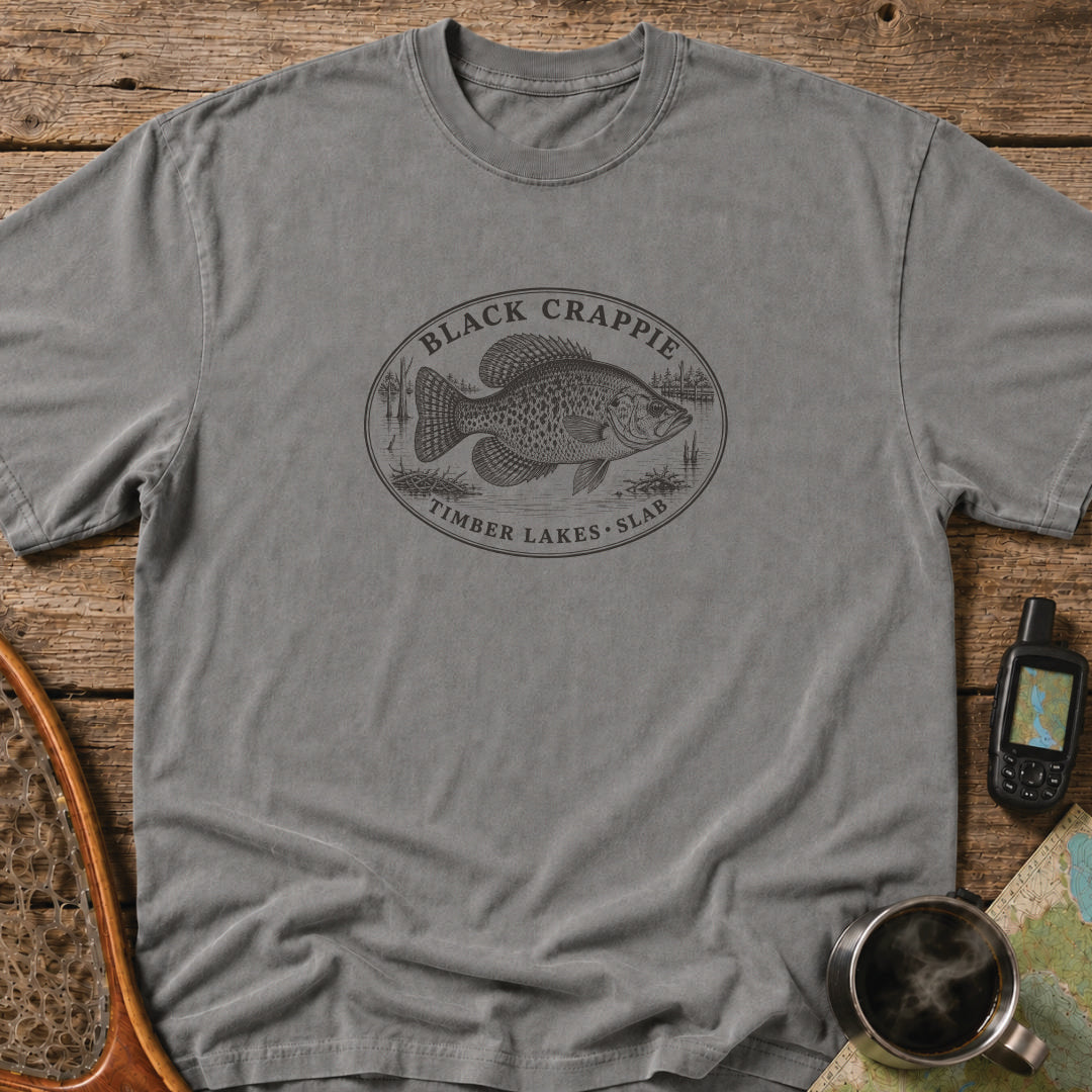 Black Crappie timber lakes fishing graphic printed in black on a grey heavyweight T-shirt