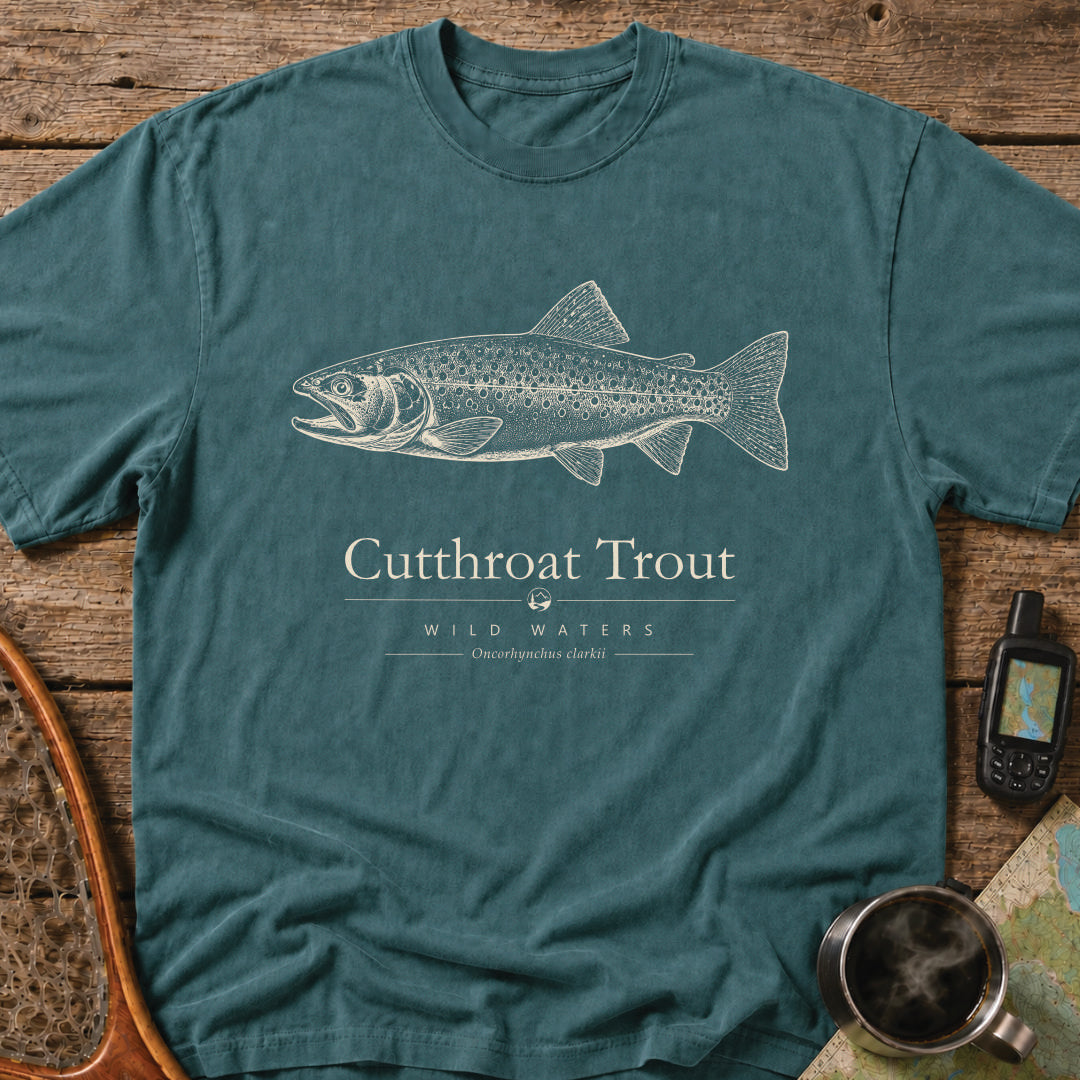 Cutthroat Trout Wild Waters t-shirt featuring a detailed scientific illustration of Oncorhynchus clarkii.