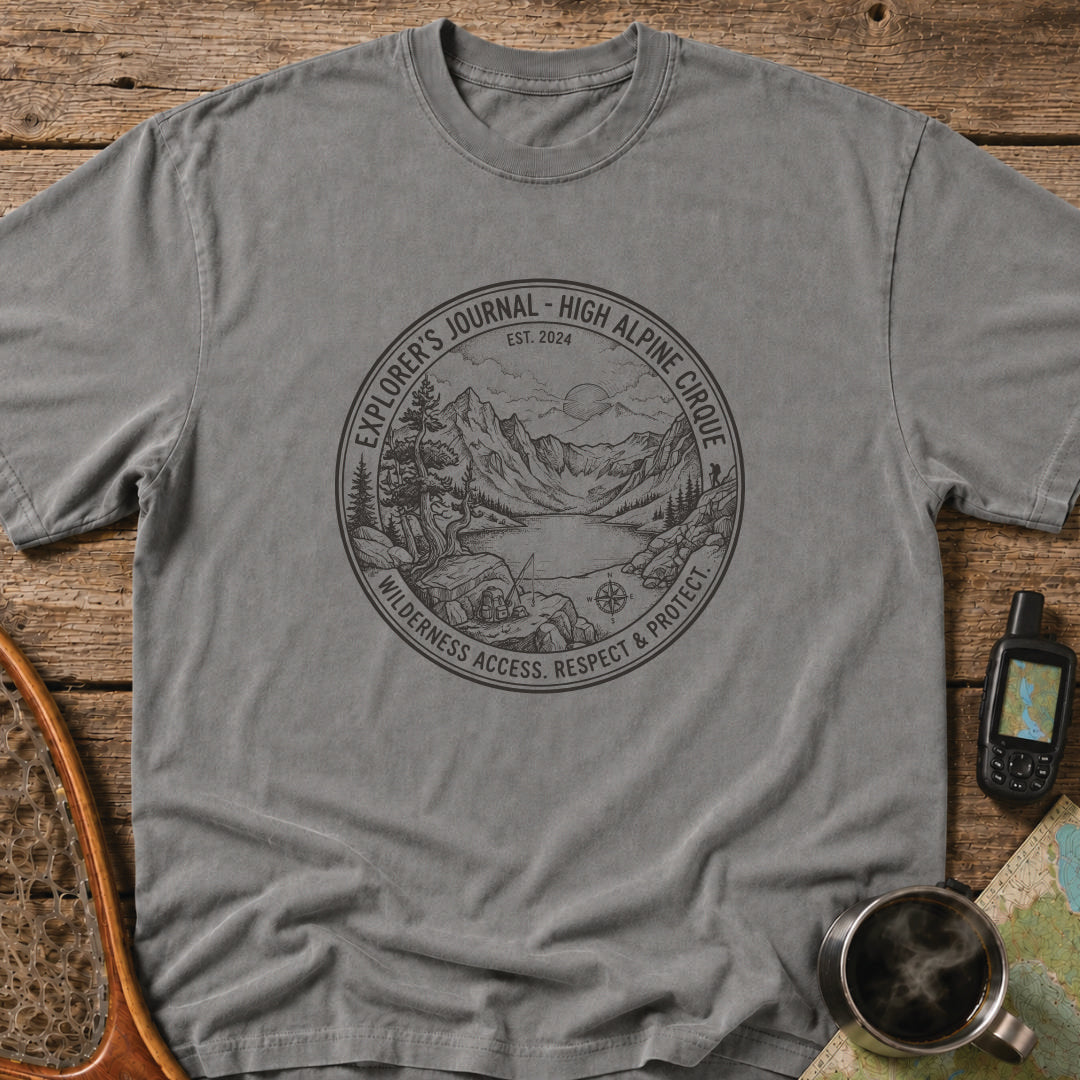 Detailed alpine cirque illustration featuring mountains, a wilderness lake, and remote campsite.