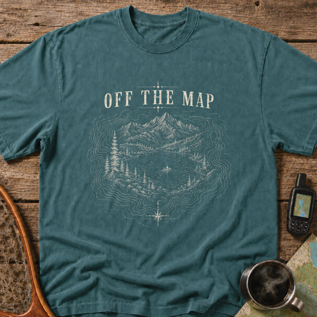 Mountain lake surrounded by contour lines and wilderness terrain with a lone explorer.