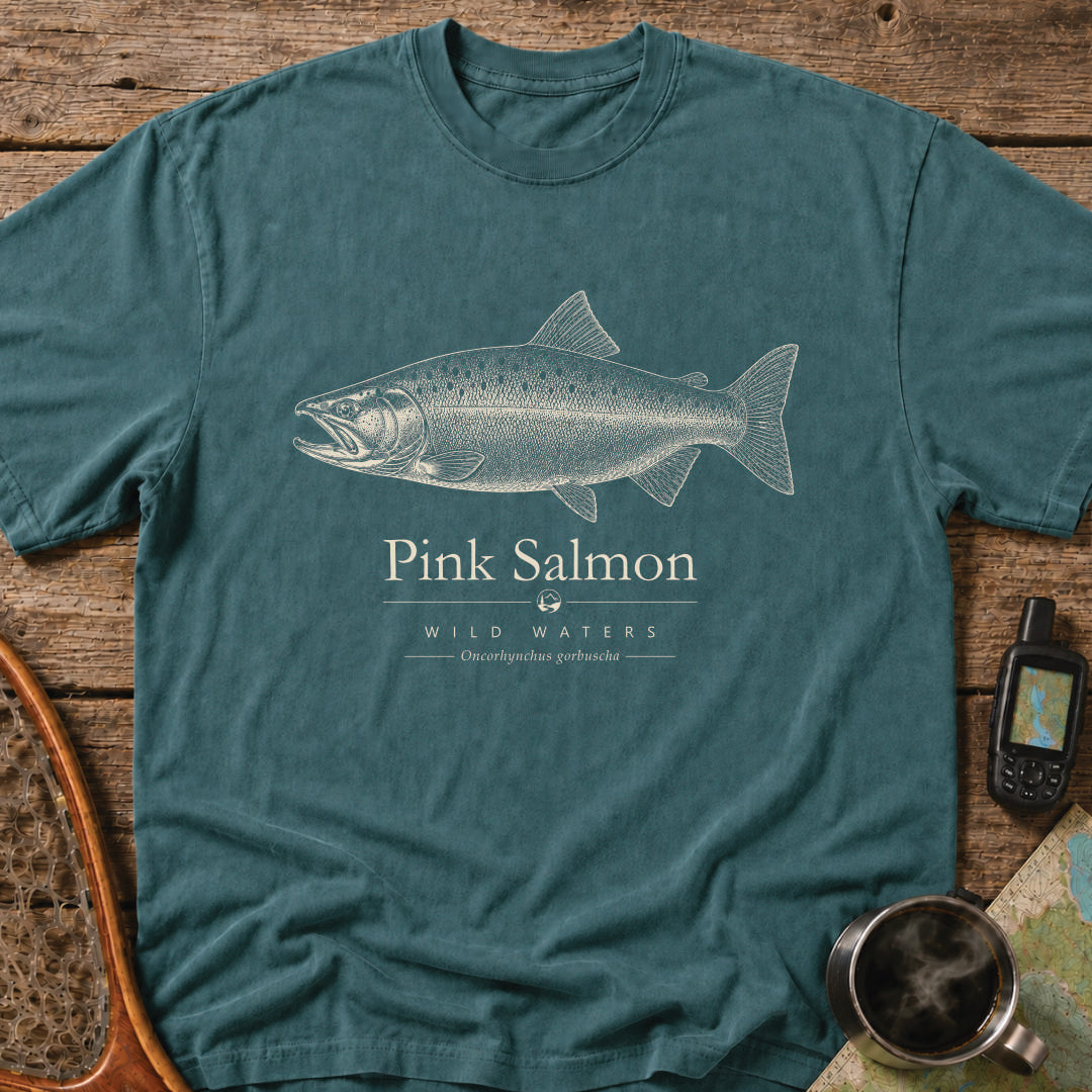 Pink Salmon Wild Waters t-shirt featuring a detailed scientific illustration of Oncorhynchus gorbuscha.