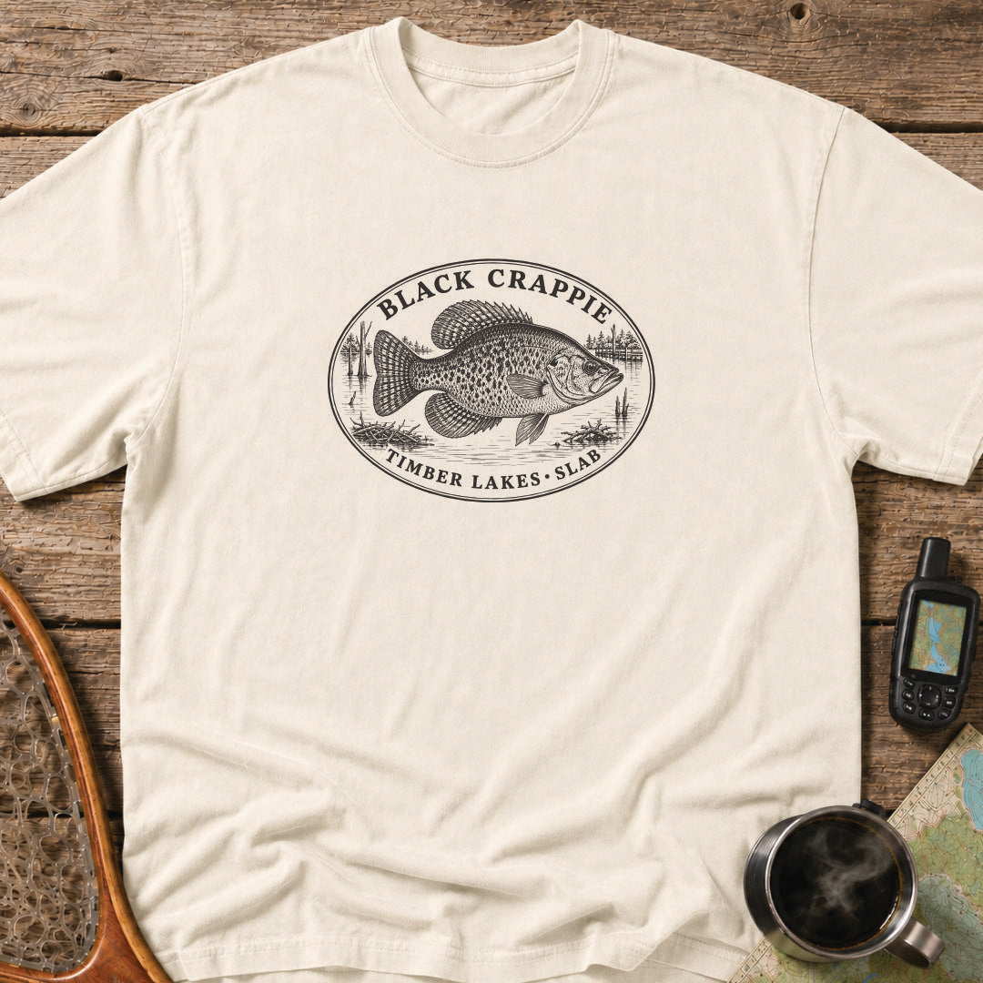 Black Crappie timber lakes fishing graphic printed in black on an ivory heavyweight T-shirt