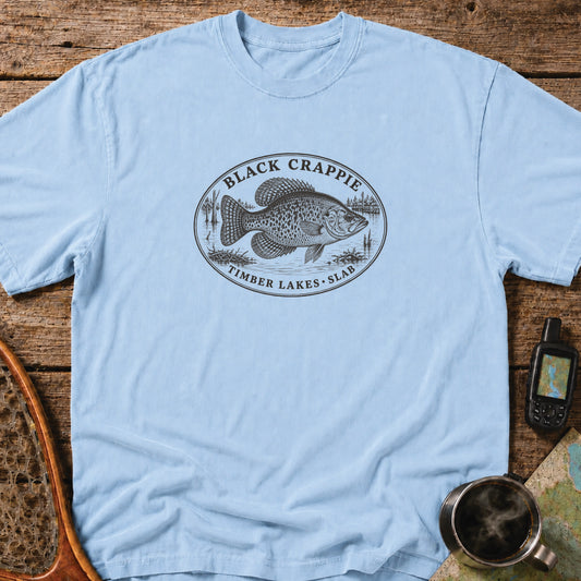 Black Crappie timber lakes fishing graphic printed in black on a blue heavyweight T-shirt