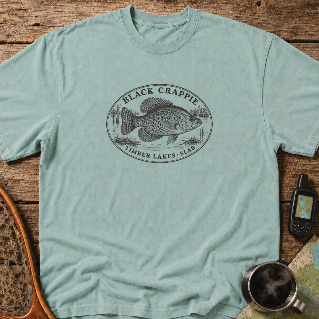 Black Crappie timber lakes fishing graphic printed in black on a green heavyweight T-shirt