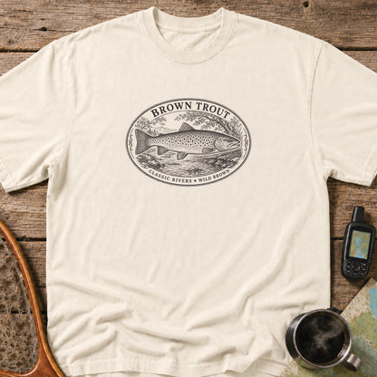 Brown Trout classic rivers fishing graphic printed in black on an ivory heavyweight T-shirt