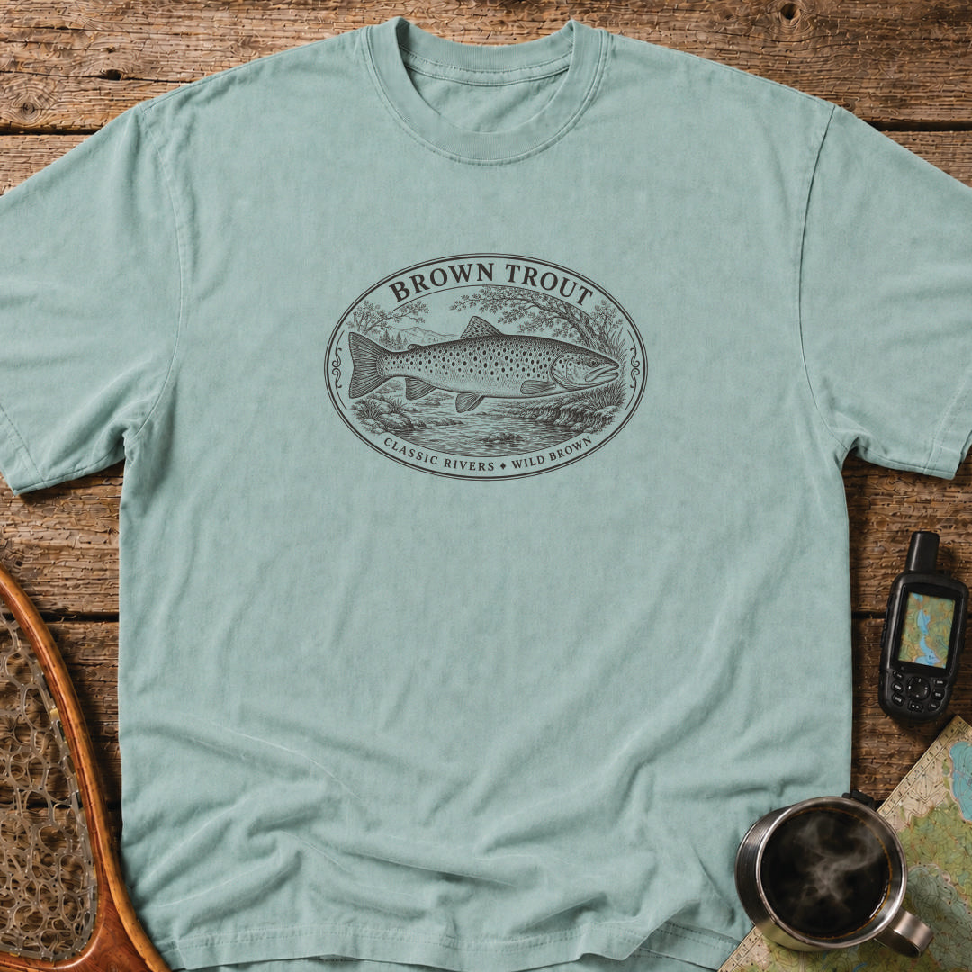 Brown Trout classic rivers fishing graphic printed in black on a green heavyweight T-shirt