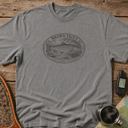 Brown Trout classic rivers fishing graphic printed in black on a grey heavyweight T-shirt