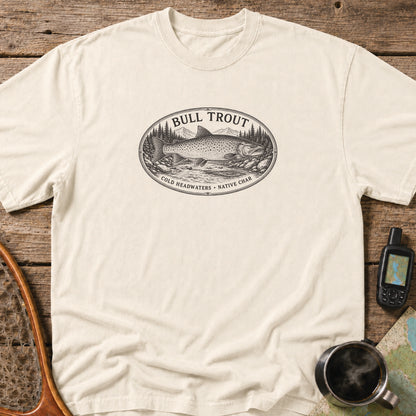 Bull Trout cold headwaters fishing graphic printed in black on an ivory heavyweight T-shirt