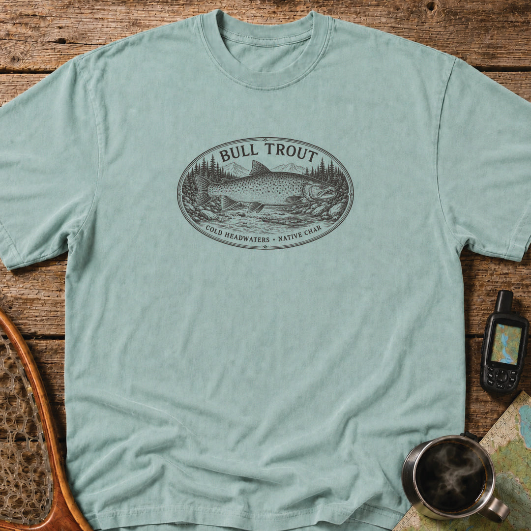Bull Trout cold headwaters fishing graphic printed in black on a blue heavyweight T-shirt
