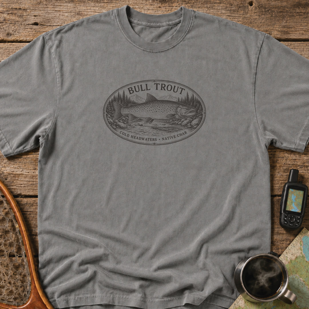 Bull Trout cold headwaters fishing graphic printed in black on a grey heavyweight T-shirt