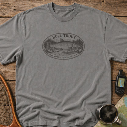 Bull Trout cold headwaters fishing graphic printed in black on a grey heavyweight T-shirt