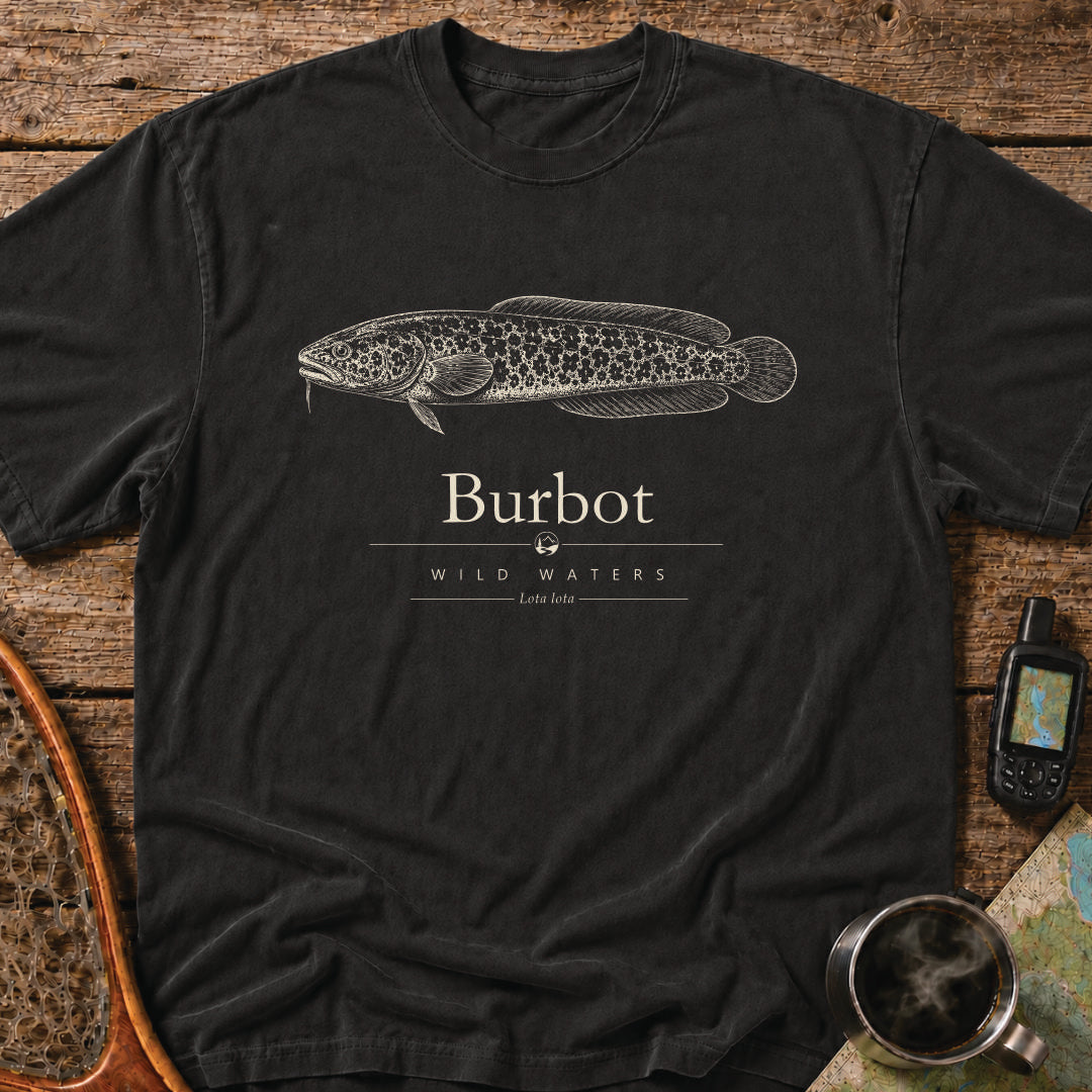 Black Comfort Colors T-shirt featuring a vintage cream burbot illustration, Wild Waters typography, and the scientific name Lota lota.