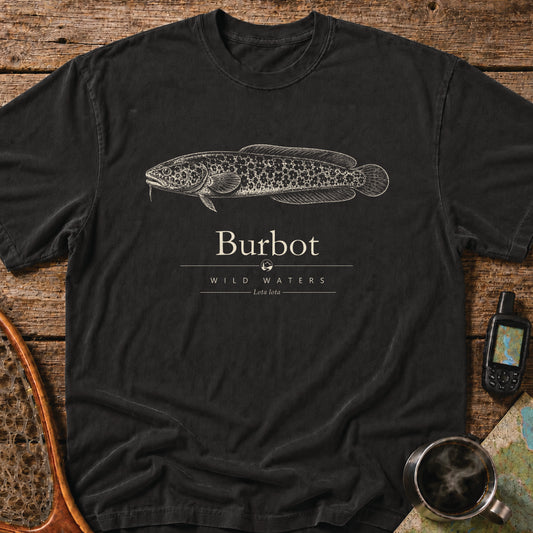 Black Comfort Colors T-shirt featuring a vintage cream burbot illustration, Wild Waters typography, and the scientific name Lota lota.