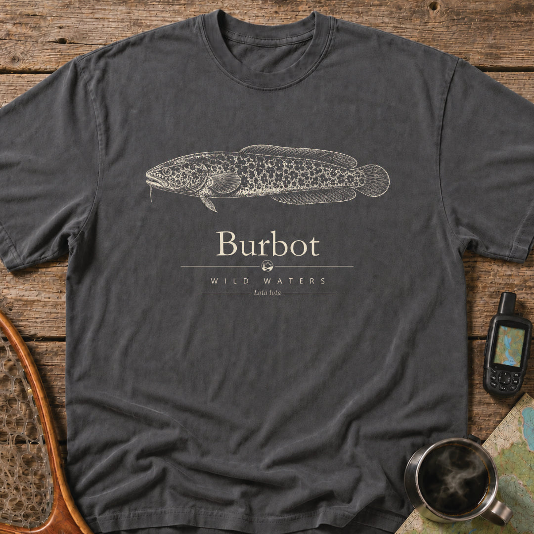 Pepper Comfort Colors T-shirt featuring a vintage cream burbot illustration, Wild Waters typography, and the scientific name Lota lota.