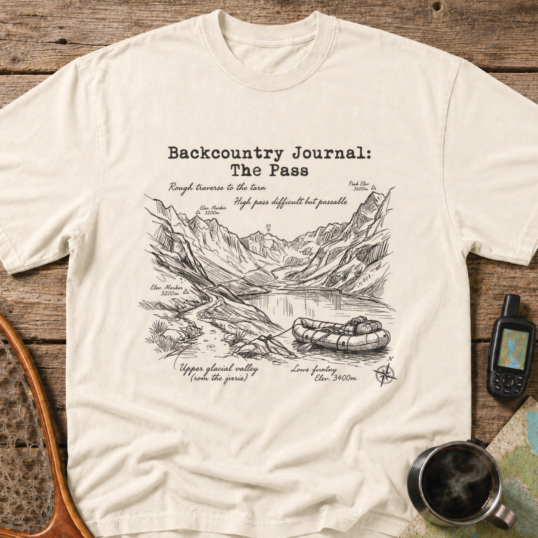 Hand-drawn alpine pass illustration featuring a remote mountain lake and packraft expedition.