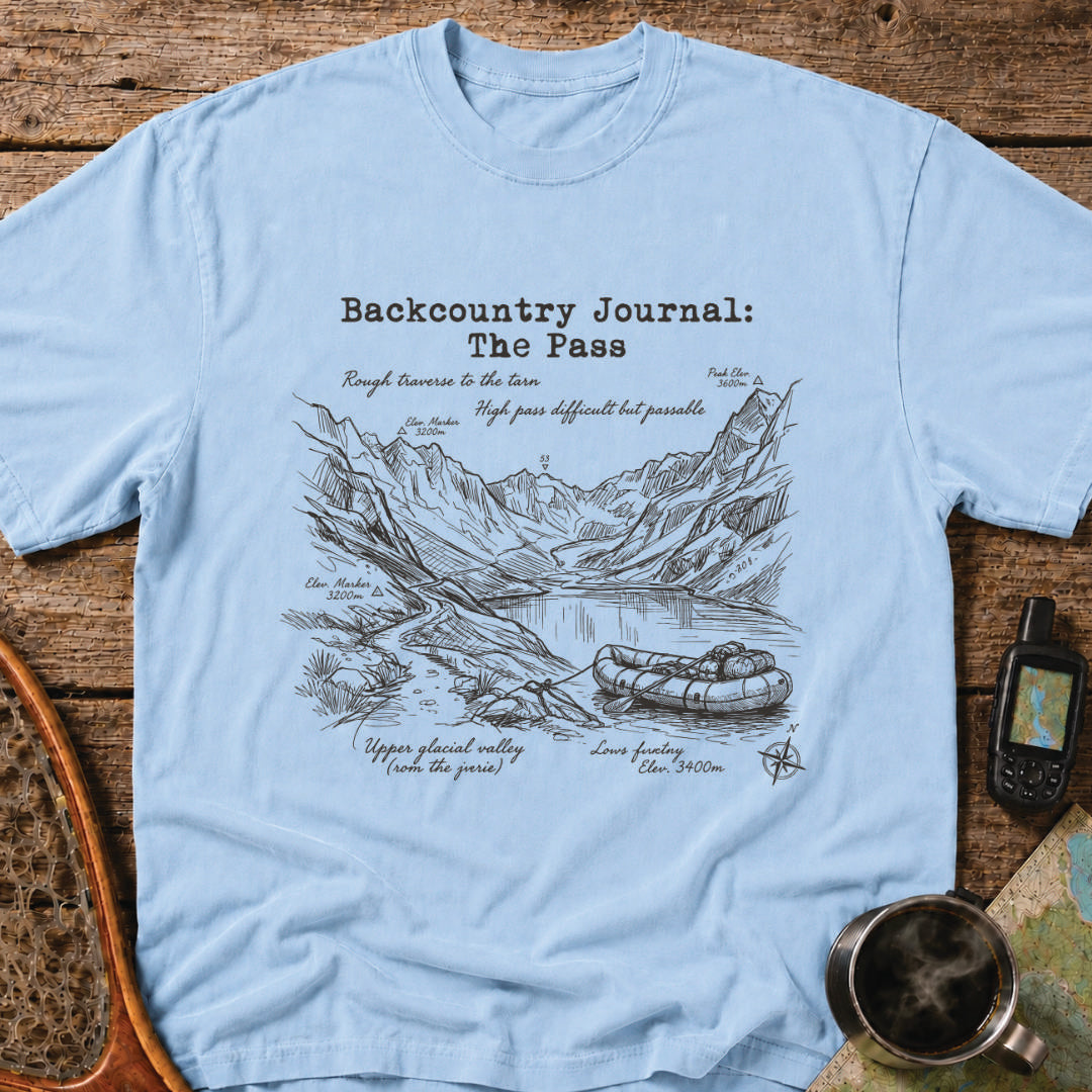 Hand-drawn alpine pass illustration featuring a remote mountain lake and packraft expedition.