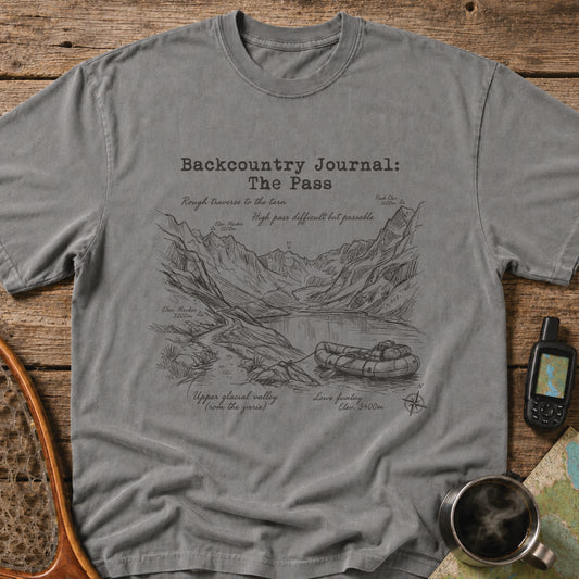 Hand-drawn alpine pass illustration featuring a remote mountain lake and packraft expedition.