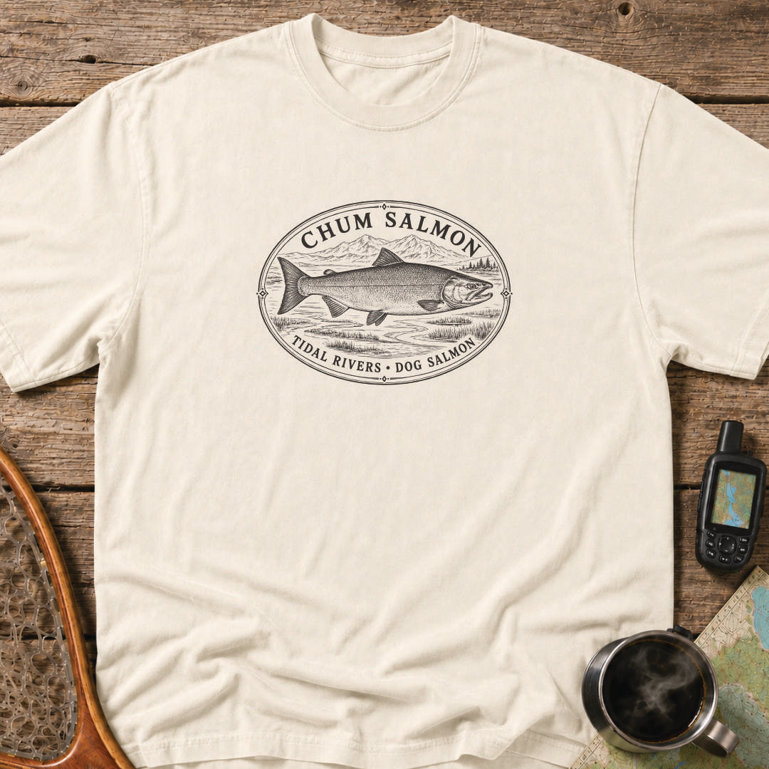 Chum Salmon tidal rivers fishing graphic printed in black on an ivory heavyweight T-shirt