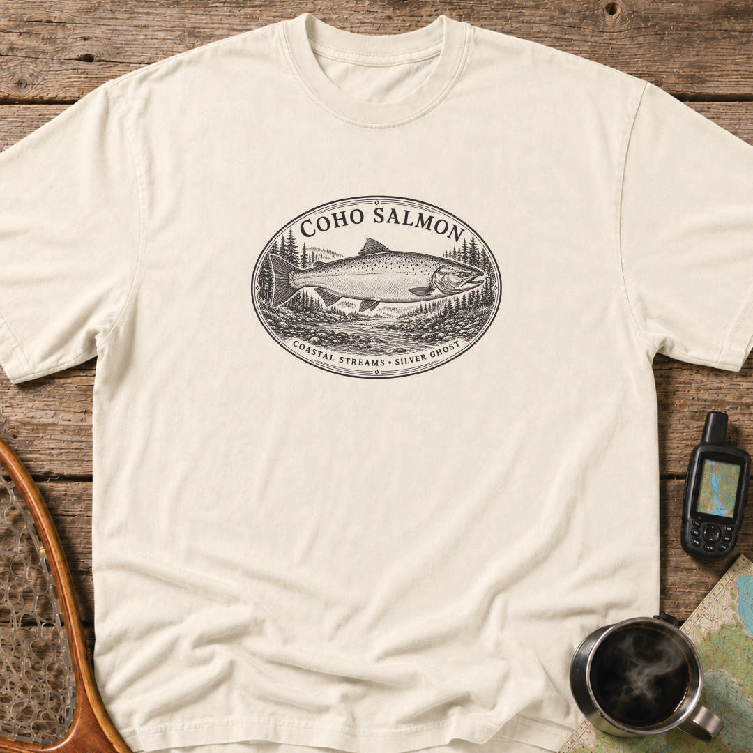  Coho Salmon coastal streams fishing graphic printed in black on an ivory heavyweight T-shirt