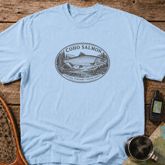  Coho Salmon coastal streams fishing graphic printed in black on an ivory heavyweight T-shirt