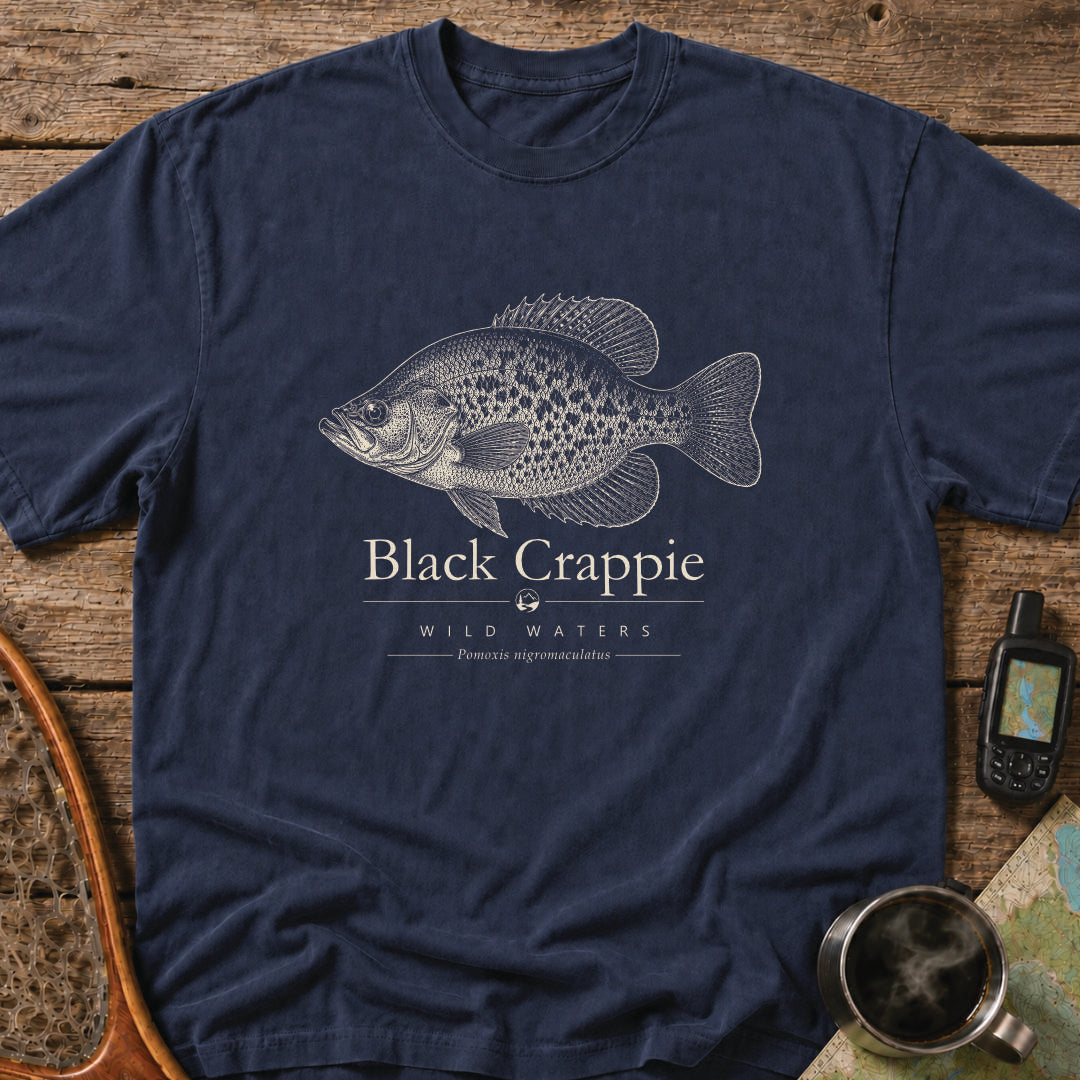 Black Crappie scientific fish illustration on a blue Comfort Colors t-shirt featuring the Wild Waters collection and the scientific name Pomoxis nigromaculatus.