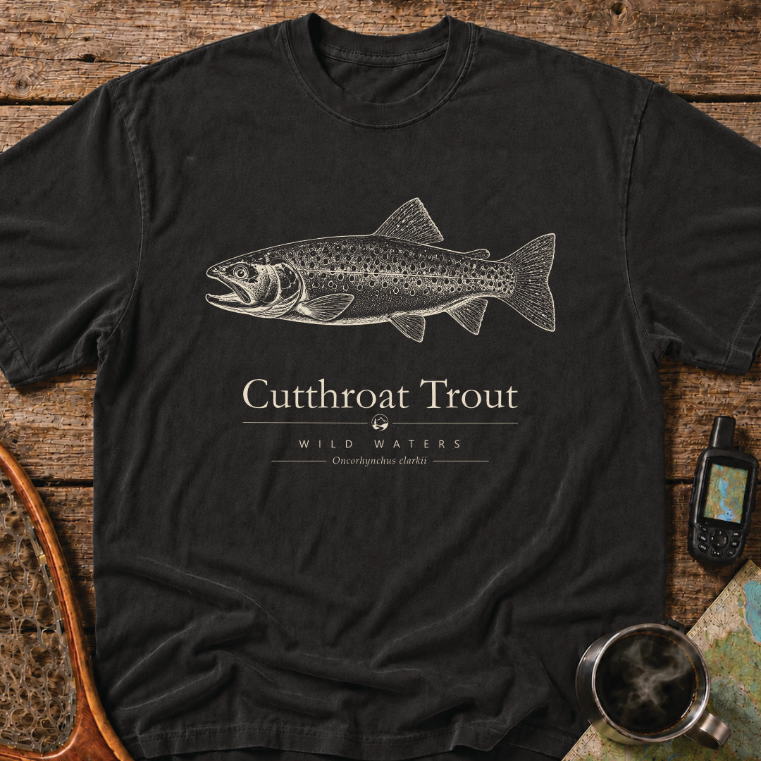 Cutthroat Trout Wild Waters t-shirt featuring a detailed scientific illustration of Oncorhynchus clarkii.