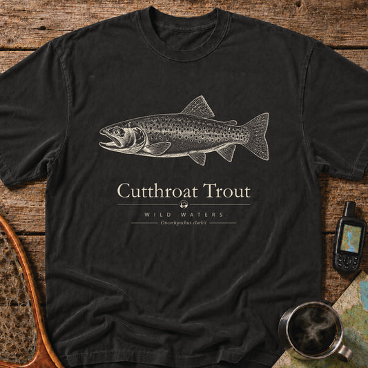 Cutthroat Trout Wild Waters t-shirt featuring a detailed scientific illustration of Oncorhynchus clarkii.