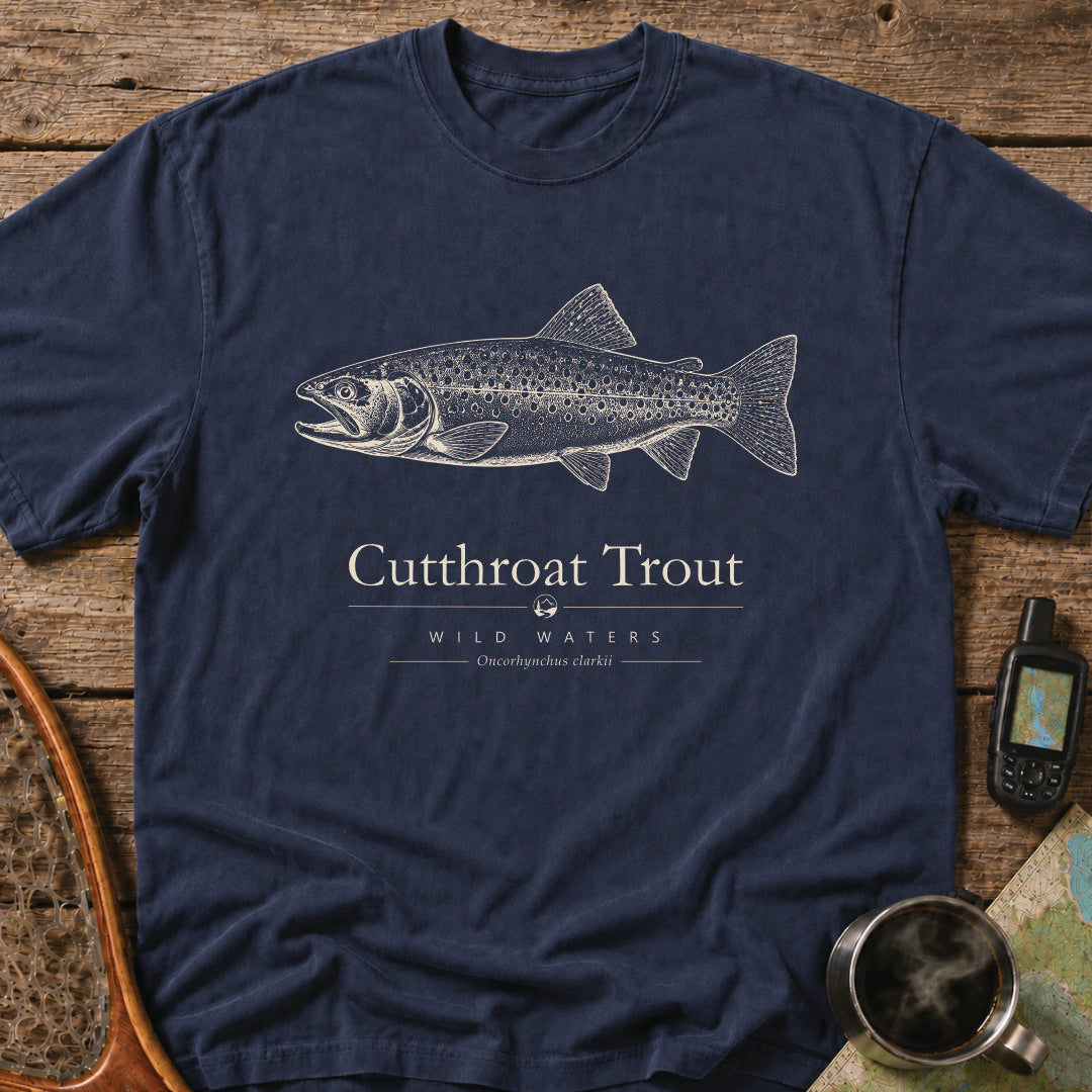 Cutthroat Trout Wild Waters t-shirt featuring a detailed scientific illustration of Oncorhynchus clarkii.
