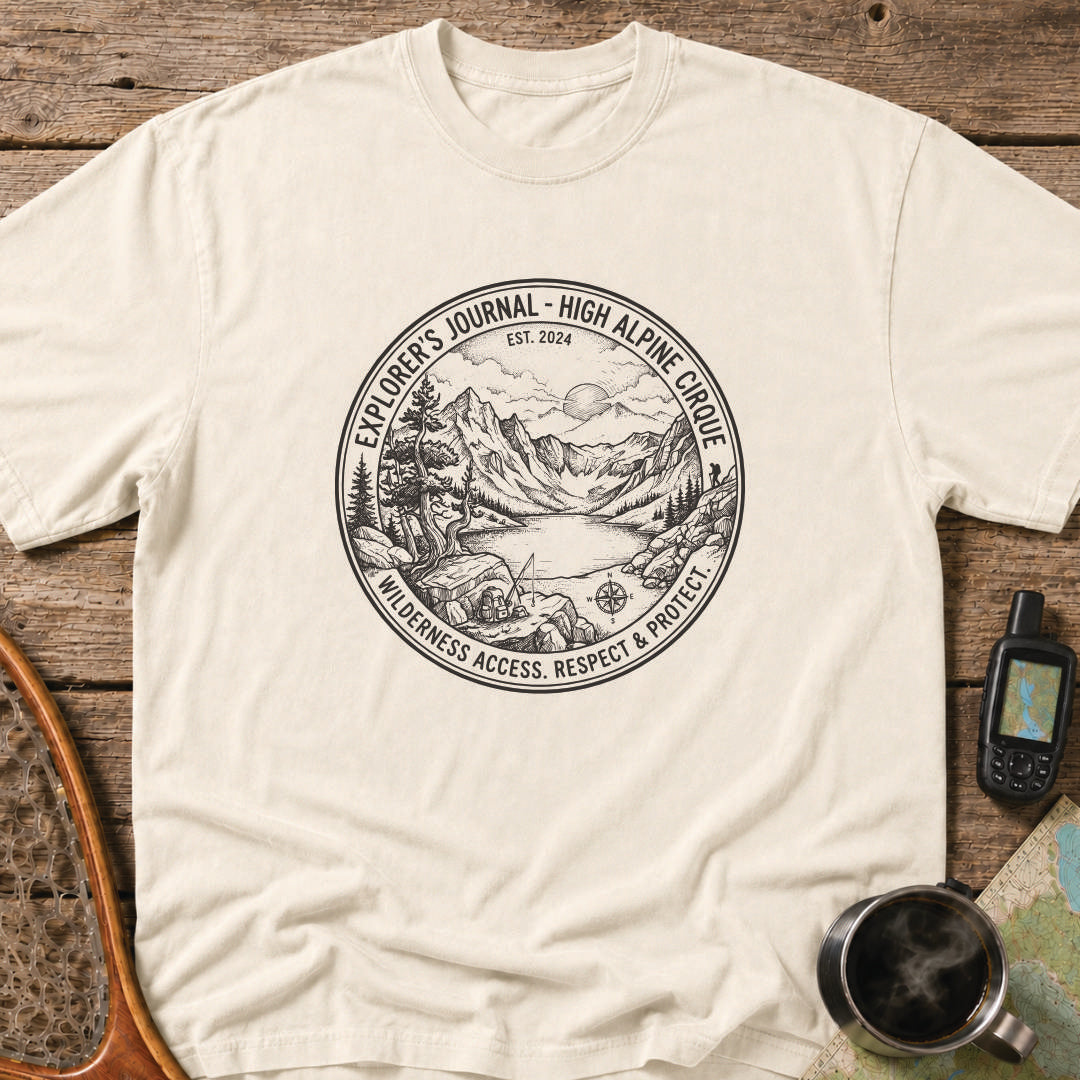 Detailed alpine cirque illustration featuring mountains, a wilderness lake, and remote campsite.