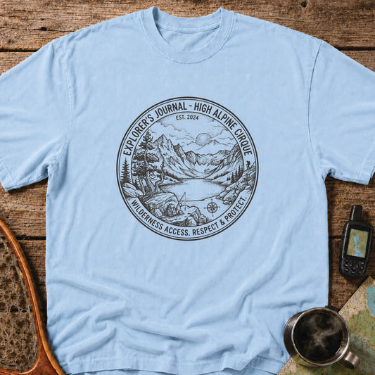 Detailed alpine cirque illustration featuring mountains, a wilderness lake, and remote campsite.