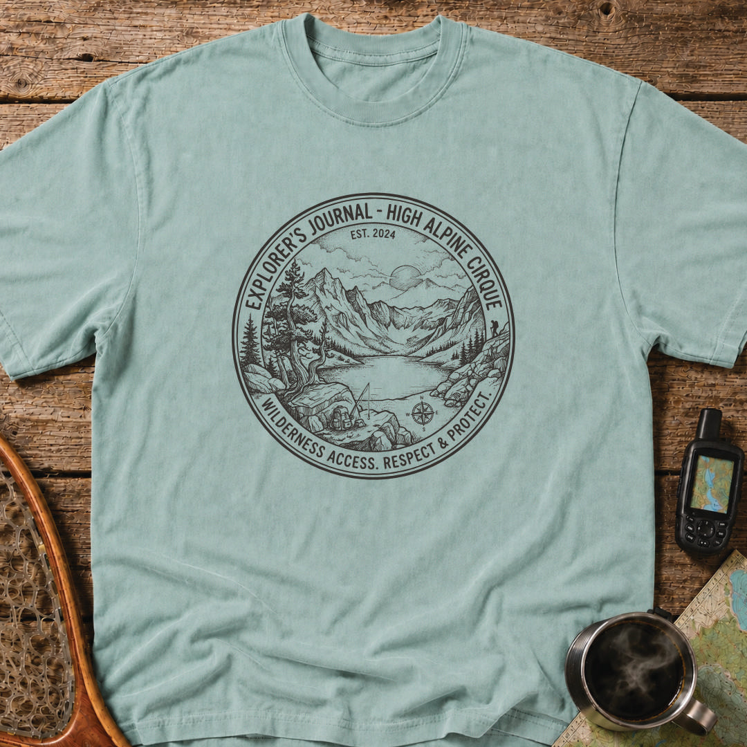 Detailed alpine cirque illustration featuring mountains, a wilderness lake, and remote campsite.