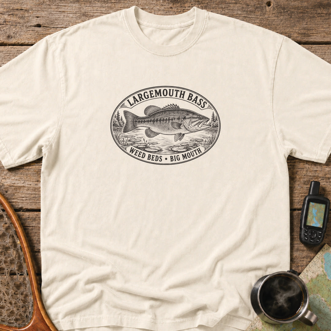 Largemouth Bass weed beds fishing graphic printed in black on an ivory heavyweight T-shirt