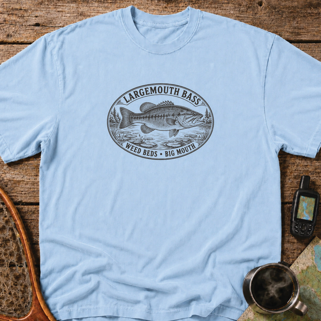 Largemouth Bass weed beds fishing graphic printed in black on a blue heavyweight T-shirt