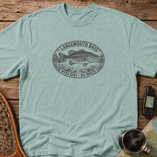 Largemouth Bass weed beds fishing graphic printed in black on a green heavyweight T-shirt
