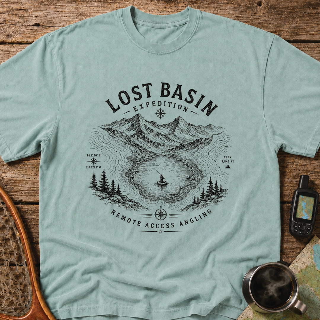 Packrafter fishing in a hidden alpine basin surrounded by mountain peaks and contour lines.