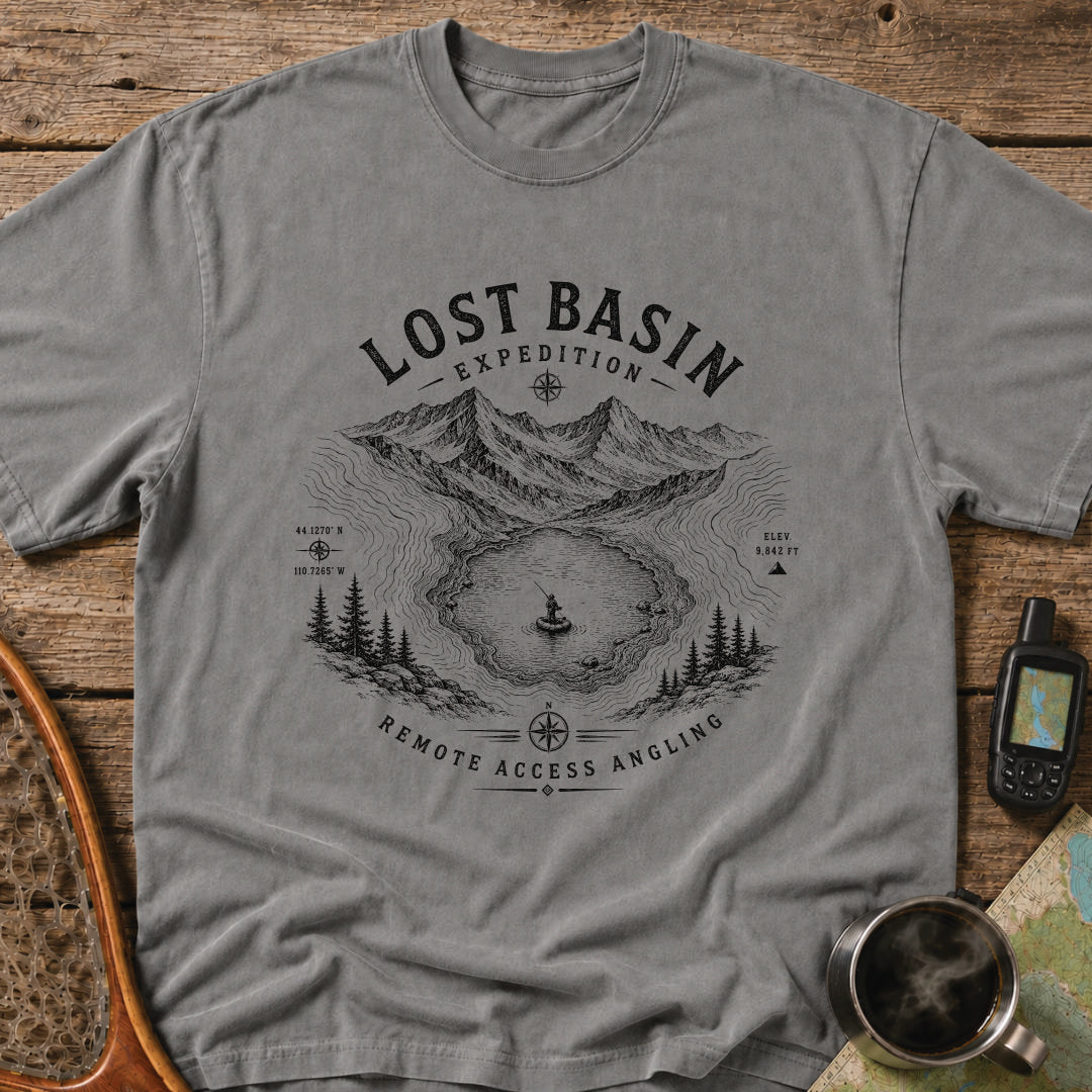 Packrafter fishing in a hidden alpine basin surrounded by mountain peaks and contour lines.