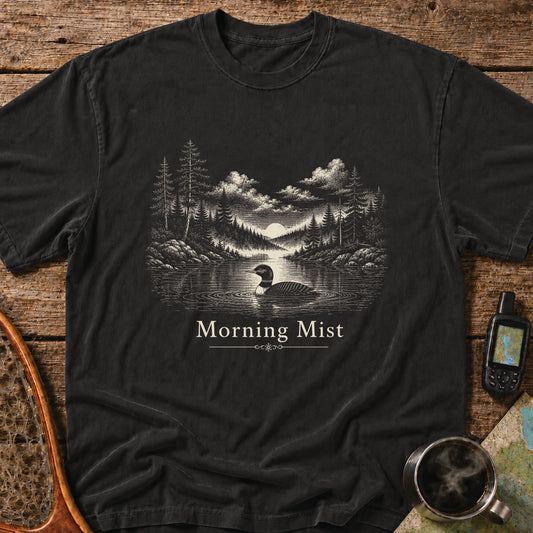 Morning Mist t-shirt featuring a loon swimming across a calm lake at sunrise.