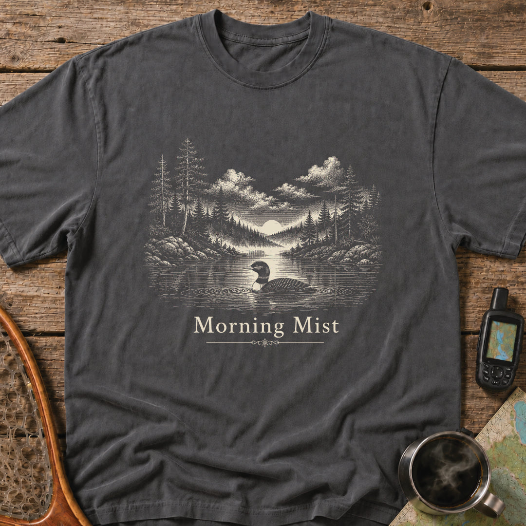 Morning Mist t-shirt featuring a loon swimming across a calm lake at sunrise.