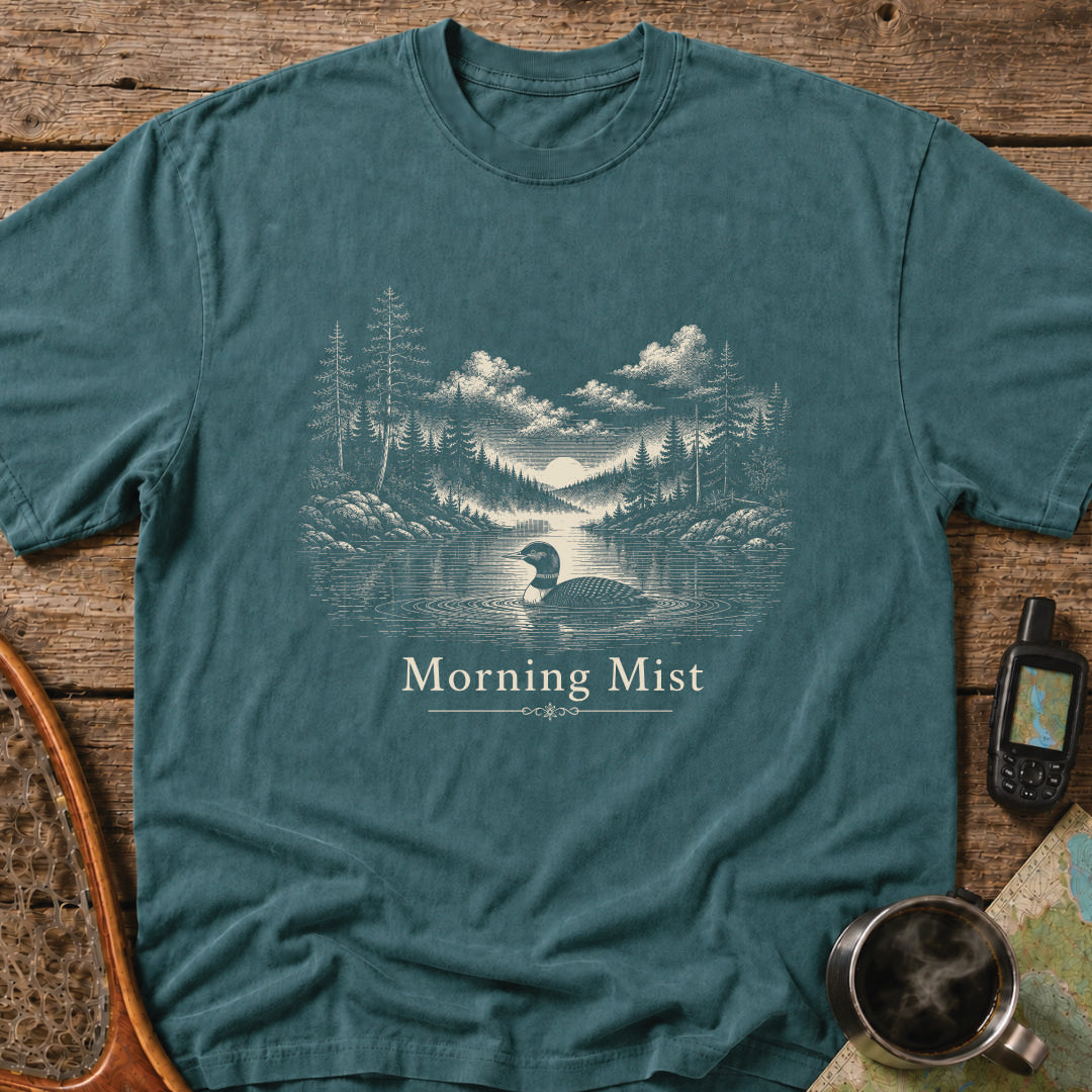 Morning Mist t-shirt featuring a loon swimming across a calm lake at sunrise.