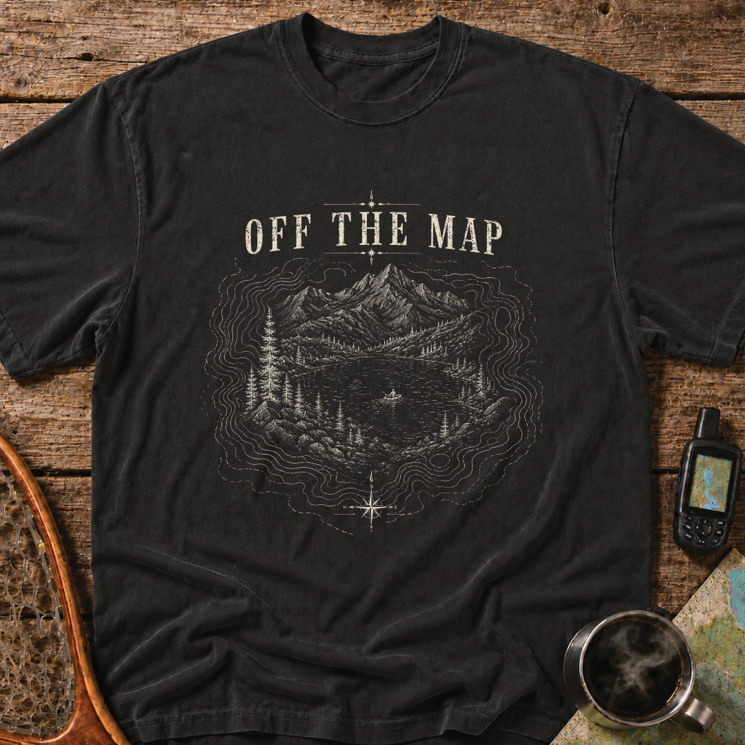 Mountain lake surrounded by contour lines and wilderness terrain with a lone explorer.