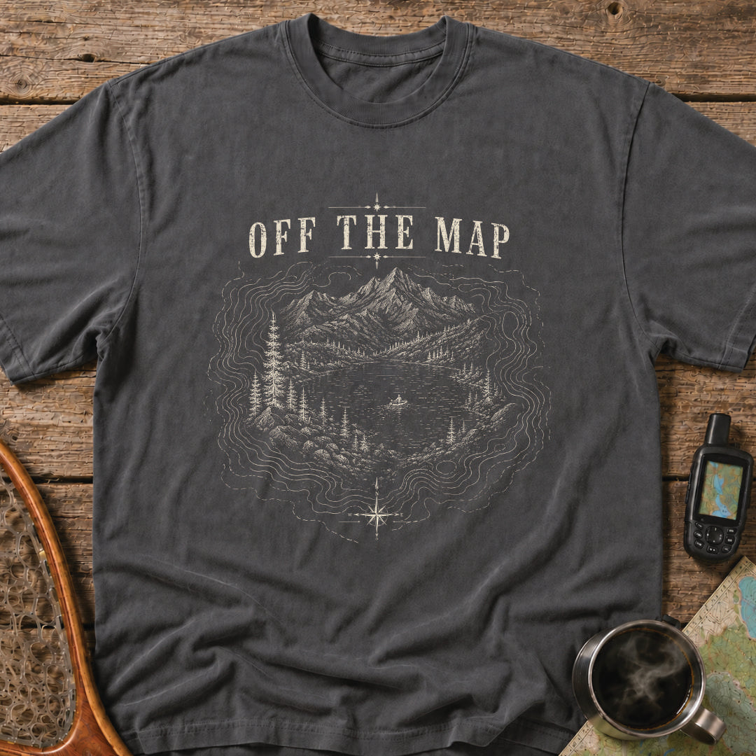 Mountain lake surrounded by contour lines and wilderness terrain with a lone explorer.