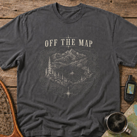 Mountain lake surrounded by contour lines and wilderness terrain with a lone explorer.