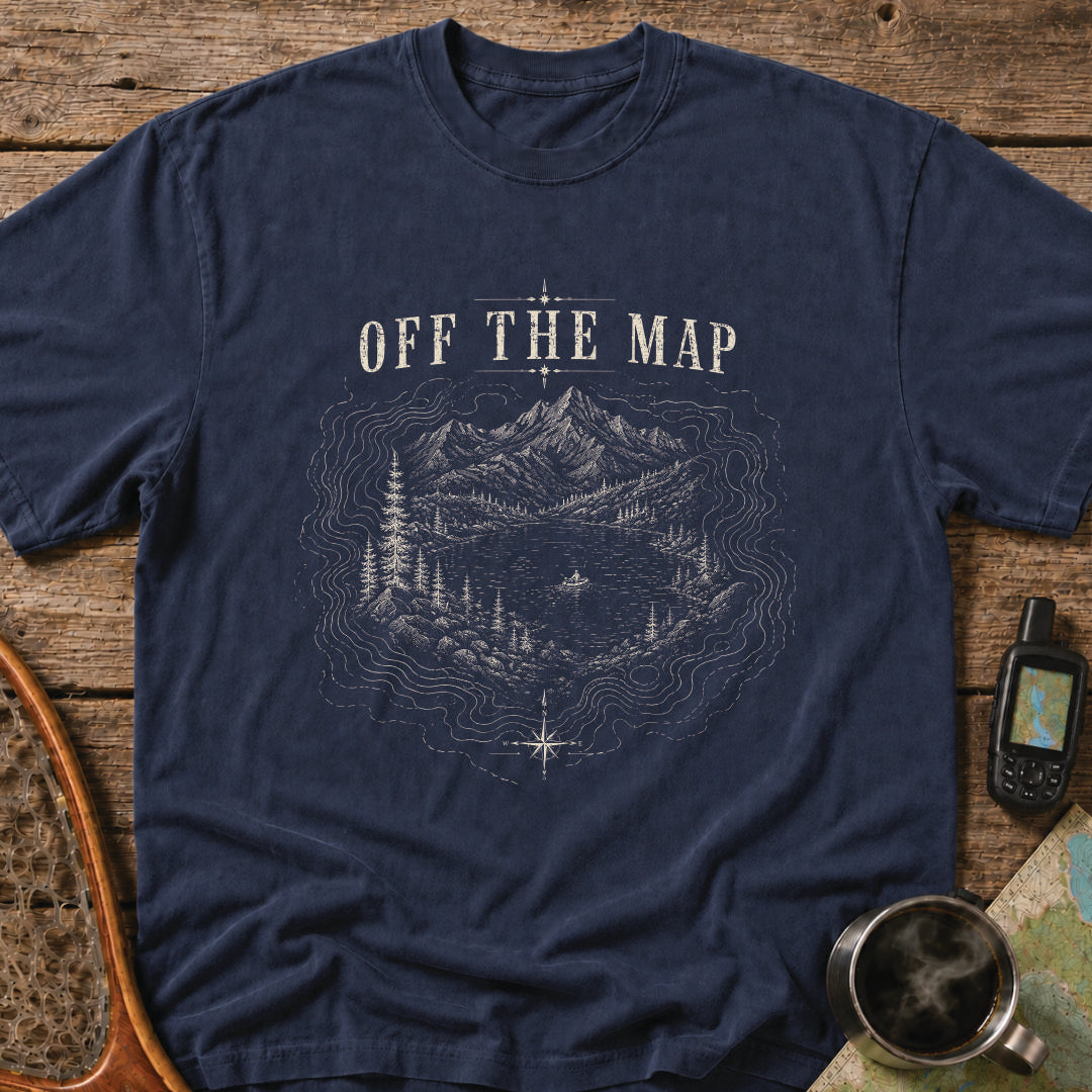 Mountain lake surrounded by contour lines and wilderness terrain with a lone explorer.