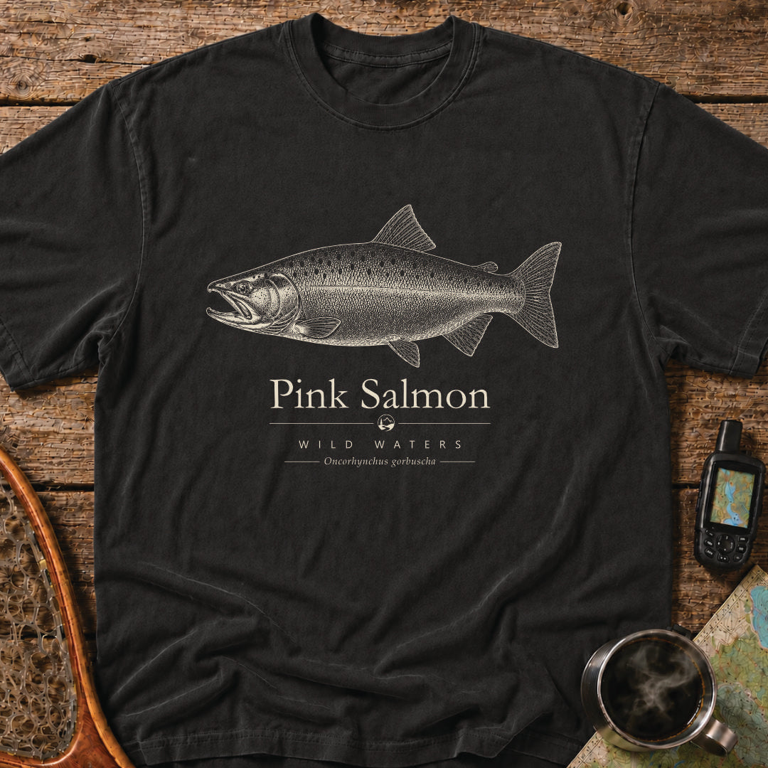 Pink Salmon Wild Waters t-shirt featuring a detailed scientific illustration of Oncorhynchus gorbuscha.