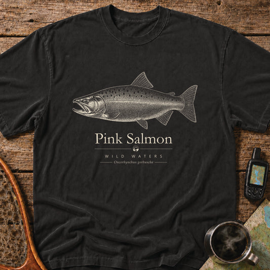 Pink Salmon Wild Waters t-shirt featuring a detailed scientific illustration of Oncorhynchus gorbuscha.