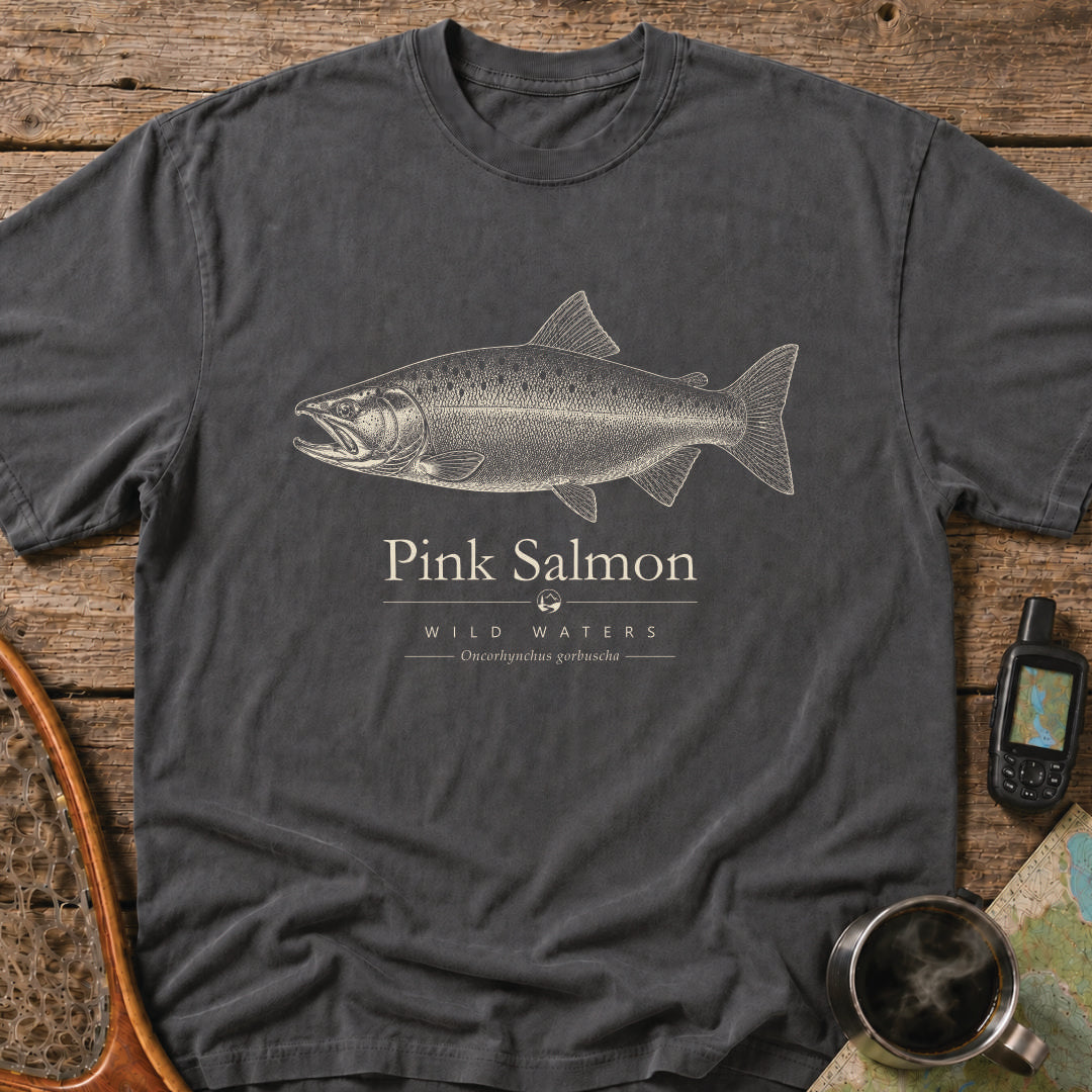 Pink Salmon Wild Waters t-shirt featuring a detailed scientific illustration of Oncorhynchus gorbuscha.