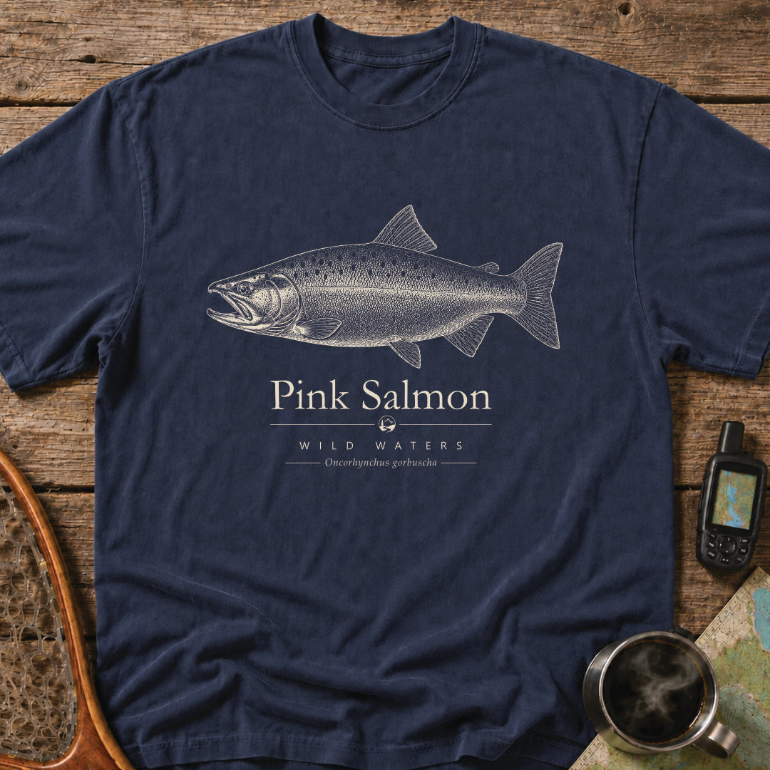 Pink Salmon Wild Waters t-shirt featuring a detailed scientific illustration of Oncorhynchus gorbuscha.