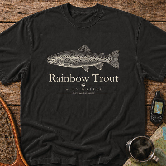 Black Comfort Colors T-shirt featuring a vintage cream rainbow trout illustration, Wild Waters typography, and the scientific name Oncorhynchus mykiss.