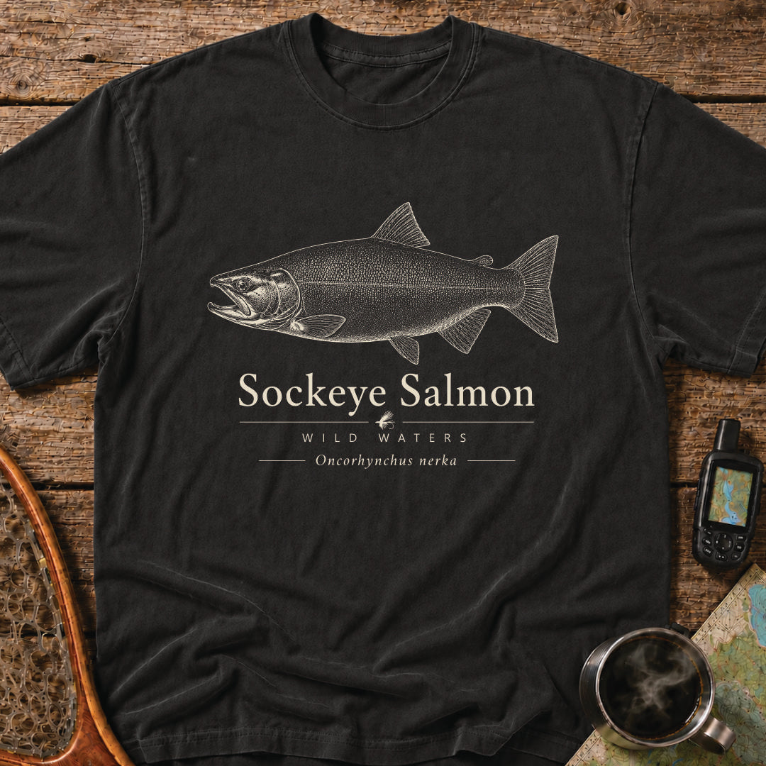Sockeye Salmon Wild Waters t-shirt featuring a detailed scientific illustration of Oncorhynchus nerka.