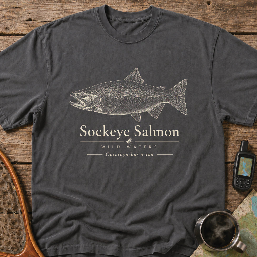 Sockeye Salmon Wild Waters t-shirt featuring a detailed scientific illustration of Oncorhynchus nerka.